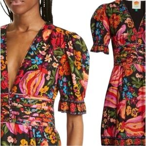Farm Rio Vibrant Floral Print Bananas‎ Deep V-Neck Puff Sleeve Mini Dress Small